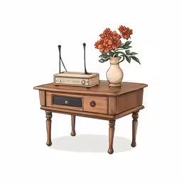 a brown table with an old radio and vase of flowers