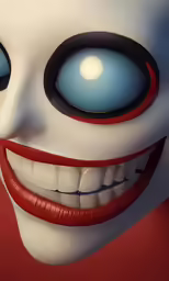 close up of a white doll with red lips