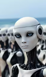 a robot is surrounded by other humanoids near the water