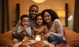 an adult, child and an adult sitting on a couch smiling at a camera