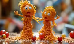 the spaghetti sculptures are standing on top of each other