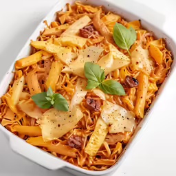 a white dish with pasta and vegetables on it