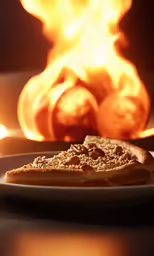 a pizza sits on a plate in front of a fire