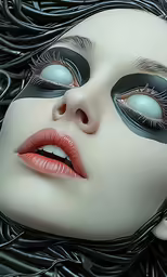 a woman is wearing makeup and looking at the camera