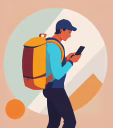 a person with a backpack and a cell phone,man with a backpack using his phone
