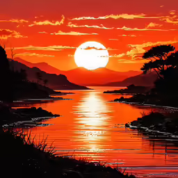 a painting of the sun setting over some water