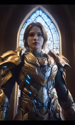 a woman in armor stands by a window