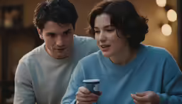 two people sitting down, one holding a cup and the other staring down