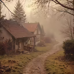 a path leads into a cottage in the fog