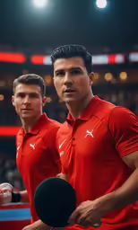 two men in red shirts stand in front of an audience at a tennis game
