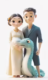 a couple figurine holding a baby dinosaur on their chest