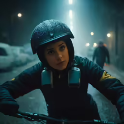 a woman wearing headphones sitting on a bike in the rain
