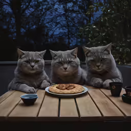 three cats sitting around a table with food and cups