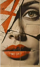 a poster showing the face and nose of a woman with orange lipstick