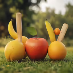 apples and bananas sitting next to each other on grass