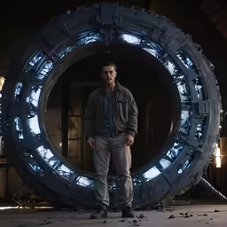 man standing next to large wheel in the dark
