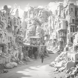 black and white photo of a man walking down a narrow alleyway with old buildings in the back ground