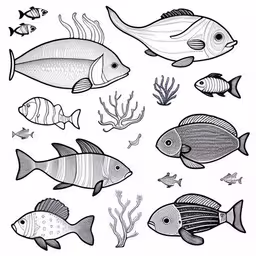 a line drawing of various types of fish and corals
