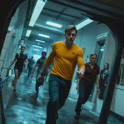 a group of young adults are walking together in an hallway