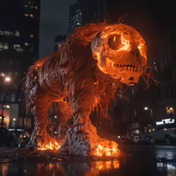 a lighted skeleton that is on fire in the dark