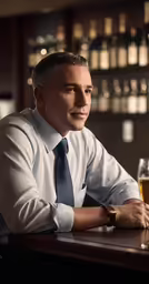 the man is wearing a necktie and drinking a beer