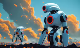 two robots standing in front of some rocks