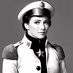 a woman in military clothing poses for a black and white photo