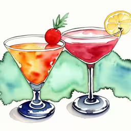 two cocktail glasses filled with colorful drinks and garnished with a cherry,a painting of glasses with a liquid and a lemon
