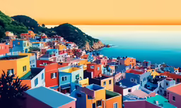 a colorful town in a seacover is shown