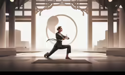 a person in a yoga position at the end of a stage