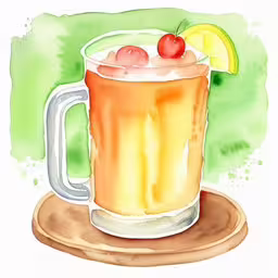 a painting of an orange drink with cherries and limes,this is an image of a drink on a coaster