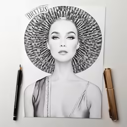 a black and white photo on paper of a model wearing a straw hat