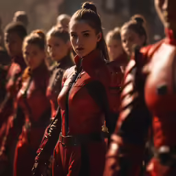 young woman in red and black uniform surrounded by other women