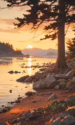a sunset at a lake surrounded by rocks and a small tree