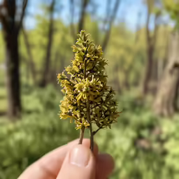 small yellow flower in front of trees in a forest