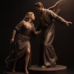 a statue of a man and woman are facing each other with a winged back