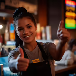 a smiling waitress pointing at the camera while giving the thumbs up