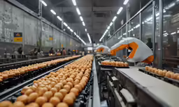 the factory assembly line has several rows of egg