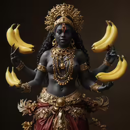 a woman dressed in elaborate clothing holding a bunch of bananas