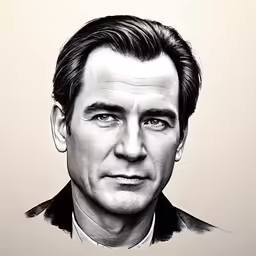a black and white drawing of a man with a suit
