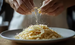 a person sprinkling parmesan cheese on a plate