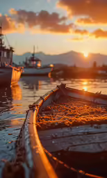 boats sitting in the water during sunset