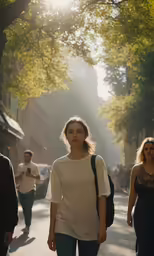 a woman in white shirt and jeans on a street