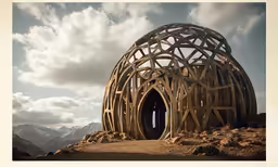 an artistic wooden structure on the side of a mountain