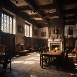 this is a living room with a fireplace and large windows