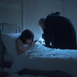 a young girl in bed with an adult in the background