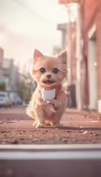 a small kitten carrying a cup with no handles