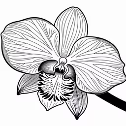 a flower that is on the branch with leaves,a black and white drawing of a large orchid