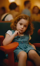 the young girl is sitting in the red chair