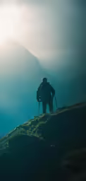 a man standing on top of a lush green hill